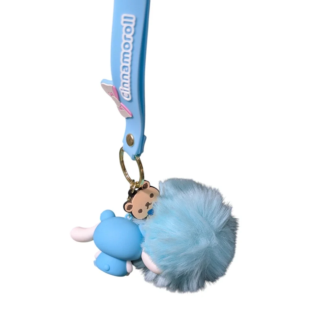 Hello Kitty And Friends - Cinnamoroll - Blue Fluffy PomPom Keychain - Brand New